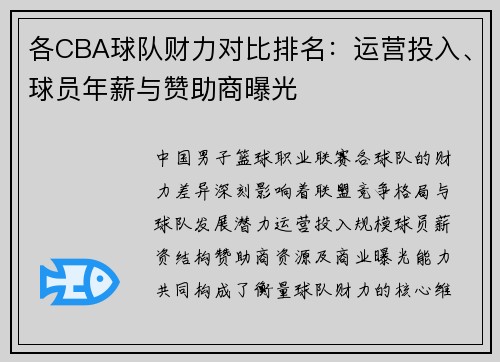 各CBA球队财力对比排名：运营投入、球员年薪与赞助商曝光