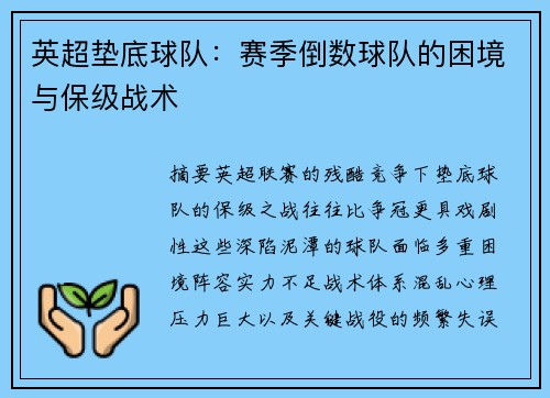 英超垫底球队：赛季倒数球队的困境与保级战术